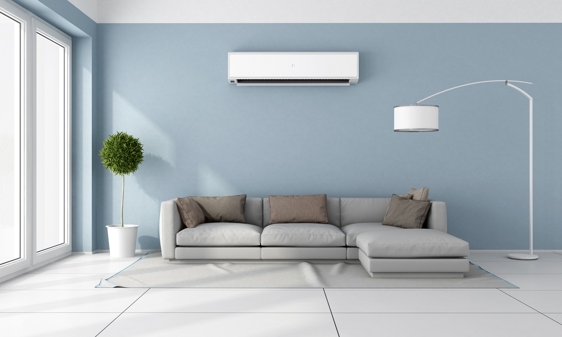 Blue Living Room With Gray Sofa And Air Conditioner On Wall 3d Rendering